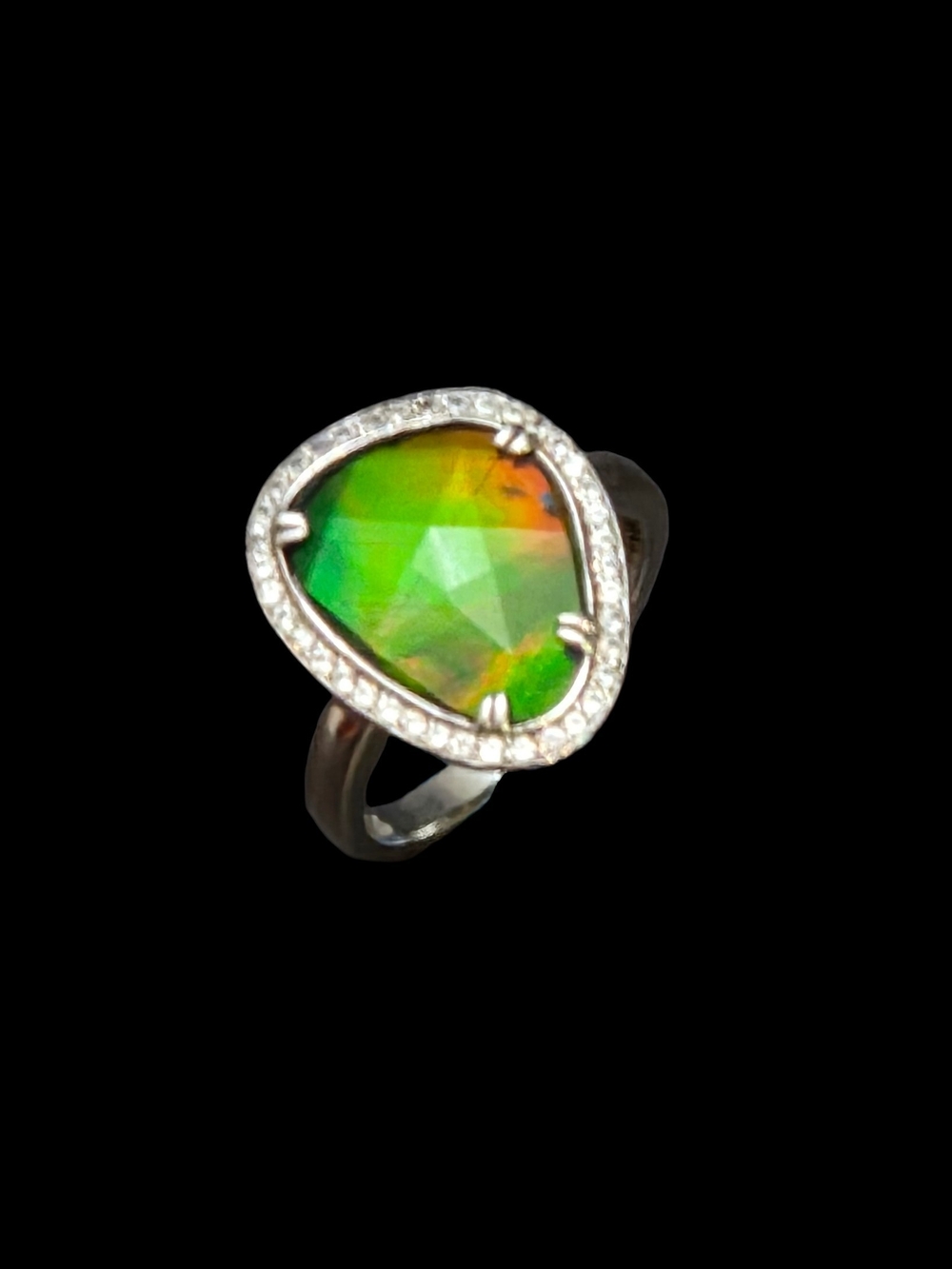 Vintage 925 Sterling Silver Ammolite Doublet Halo Ring Freeform Triangle Sz 8.5